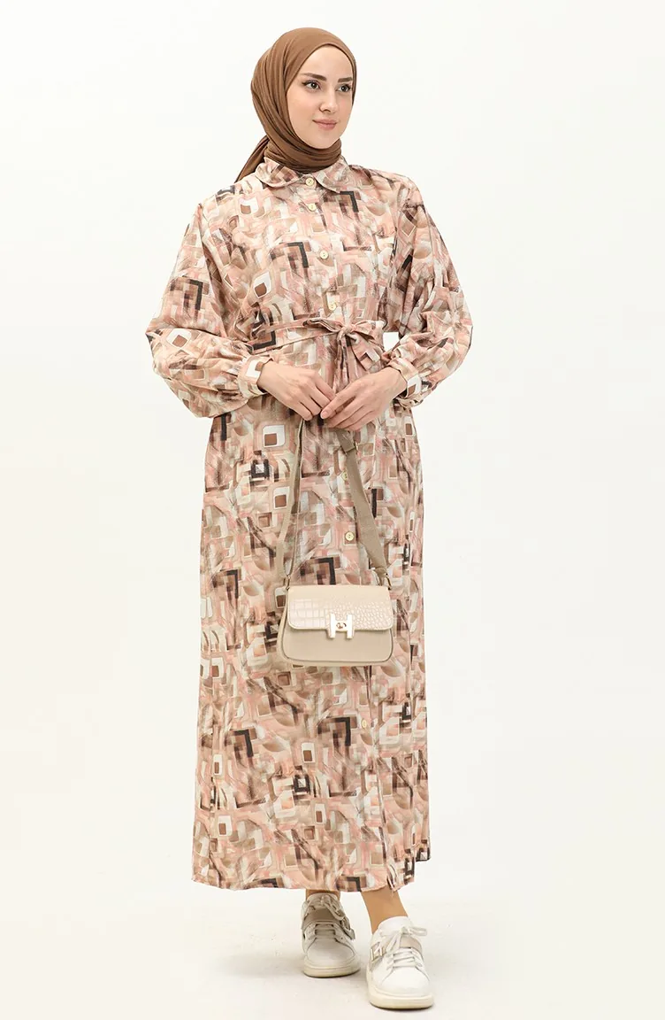Gemustertes Leinenkleid 24Y8905A-03 Lachs 24Y8905A-03