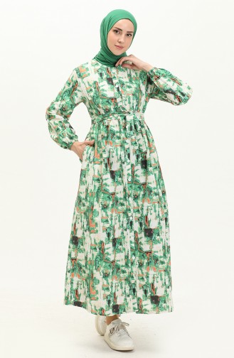 Printed Belted Linen Dress 24Y8906-03 Green 24Y8906-03