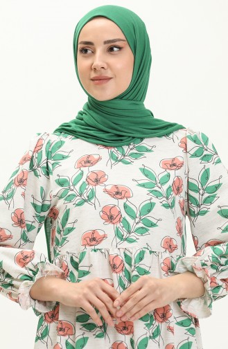 Desenli Keten Elbise 24Y8929-05 Somon Yeşil