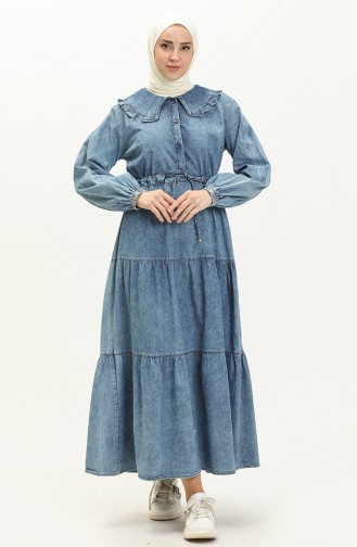 Beli Büzgülü Kot Elbise 24Y8935-02 Kot Mavi