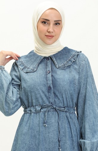 Beli Büzgülü Kot Elbise 24Y8935-02 Kot Mavi