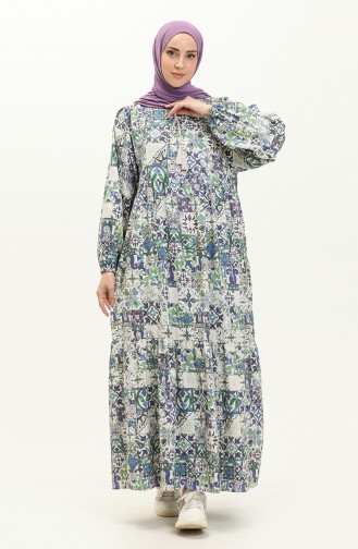 Robe à Motifs en Lin 24Y8979-01 Bleu Vert 24Y8979-01