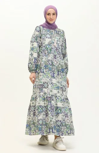 Gerafftes gemustertes Leinenkleid 24Y8979-01 Blau Grün 24Y8979-01