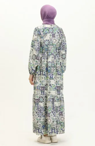 Gerafftes gemustertes Leinenkleid 24Y8979-01 Blau Grün 24Y8979-01
