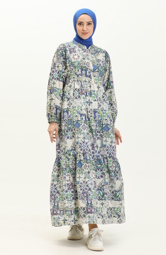 Gerafftes gemustertes Leinenkleid 24Y8979-05 Grün Blau 24Y8979-05