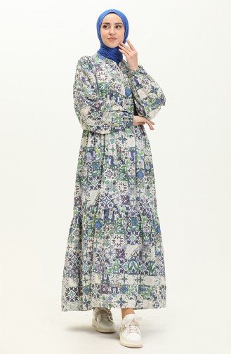 Gerafftes gemustertes Leinenkleid 24Y8979-05 Grün Blau 24Y8979-05