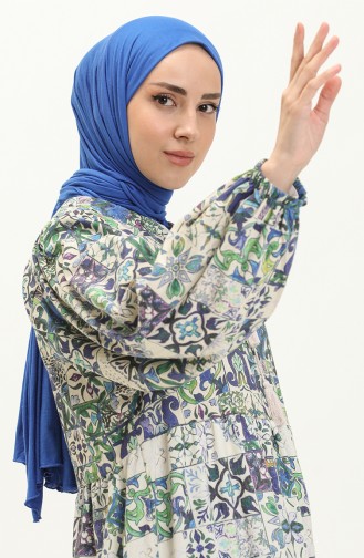 Gerafftes gemustertes Leinenkleid 24Y8979-05 Grün Blau 24Y8979-05
