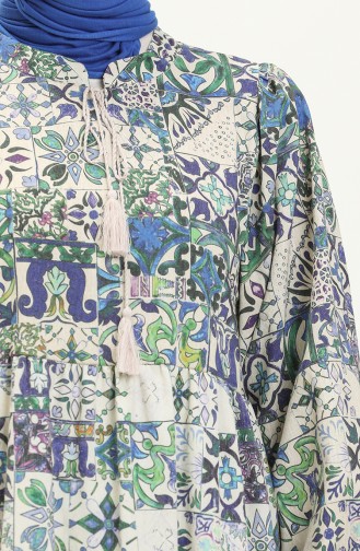 Gerafftes gemustertes Leinenkleid 24Y8979-05 Grün Blau 24Y8979-05