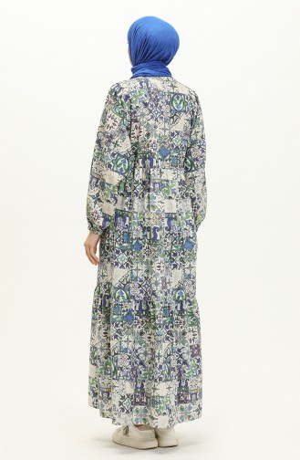 Gerafftes gemustertes Leinenkleid 24Y8979-05 Grün Blau 24Y8979-05