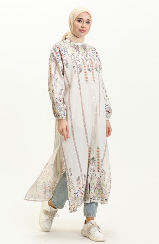 Patterned Linen Long Tunic 24Y8977-01 Beige Green 24Y8977-01