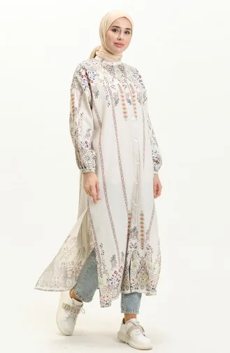 Patterned Linen Long Tunic 24Y8977-01 Beige Green 24Y8977-01