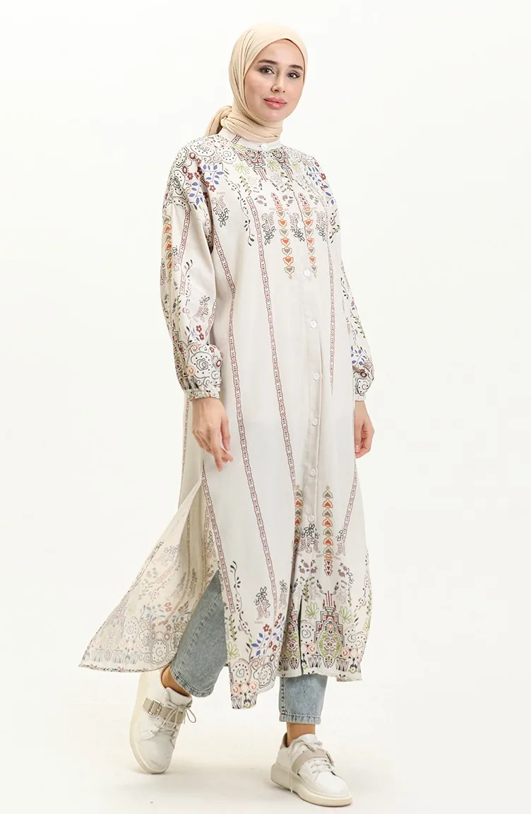 Patterned Linen Long Tunic 24Y8977-01 Beige Green 24Y8977-01