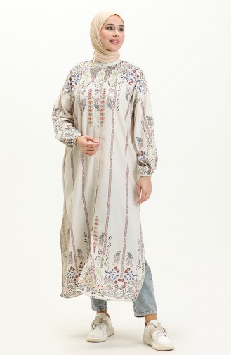 Patterned Linen Long Tunic 24Y8977-01 Beige Green 24Y8977-01