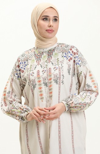 Patterned Linen Long Tunic 24Y8977-01 Beige Green 24Y8977-01