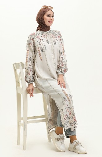 Printed Linen Long Tunic 24Y8977-02 Beige Tan 24Y8977-02