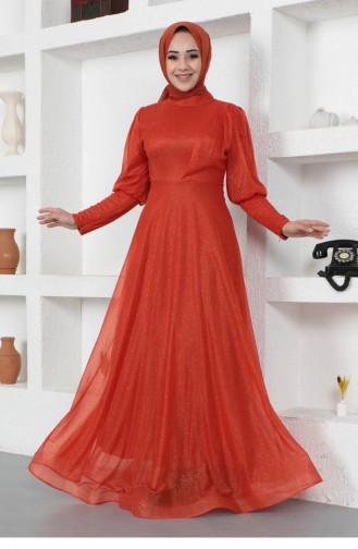 Brick Red Hijab Evening Dress 14454