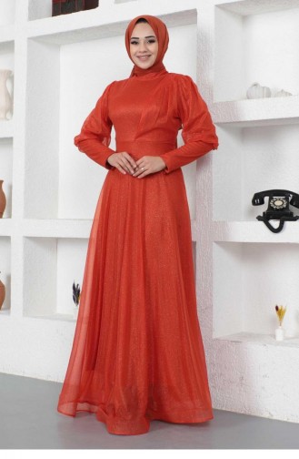 Brick Red Hijab Evening Dress 14454