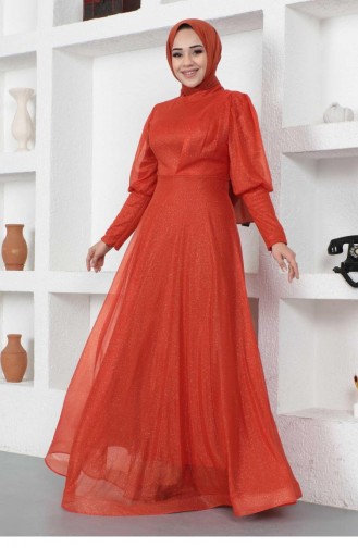 Brick Red Hijab Evening Dress 14454