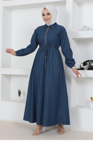 Fermuar Detaylı Bağcıklı Kot Elbise Koyu Kot 19119