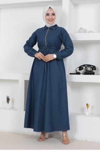Fermuar Detaylı Bağcıklı Kot Elbise Koyu Kot 19119