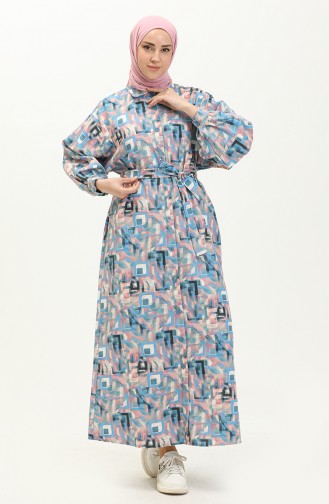 Robe en Lin à Motifs 24Y8905A-02 Bleu 24Y8905A-02