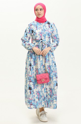 Gemustertes Leinenkleid mit Gürtel 24Y8906-01 Blau 24Y8906-01