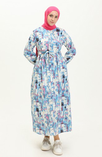 Gemustertes Leinenkleid mit Gürtel 24Y8906-01 Blau 24Y8906-01
