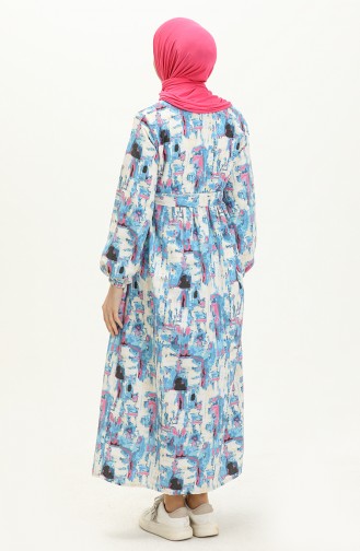 Gemustertes Leinenkleid mit Gürtel 24Y8906-01 Blau 24Y8906-01