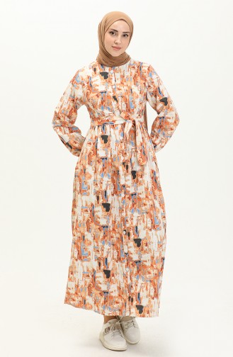 Gemustertes Leinenkleid mit Gürtel 24Y8906-02 Dunkelsenf 24Y8906-02