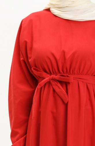 Yarasa Kol Beli Lastikli Dorf Kuşaklı Tesettür Elbise 228 Kırmızı