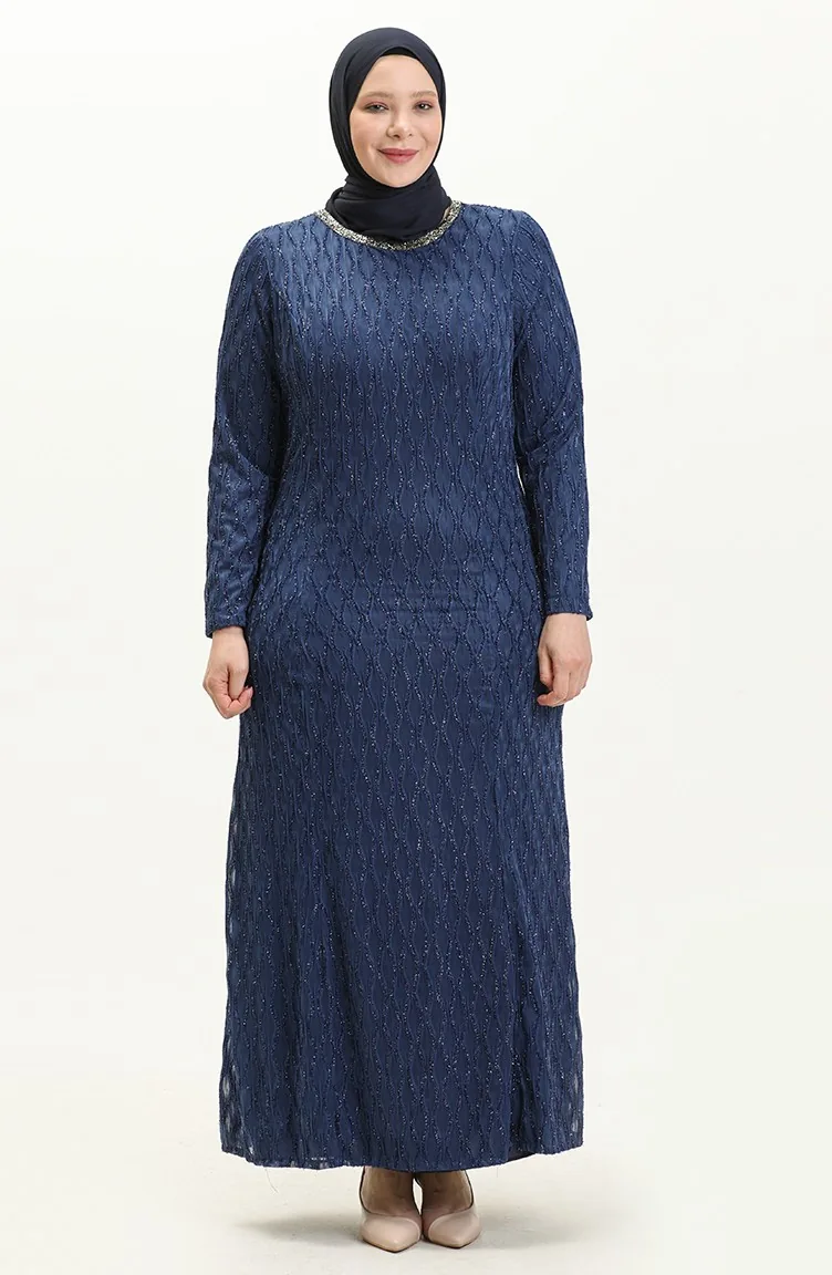 Robe de Soirée Pierre Grande Taille 2232-03 İndigo 2232-03