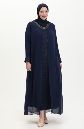 Plus Size Lace Cover Evening Dress 2303-01 Navy Blue 2303-01