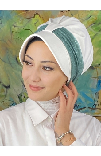 Cırtcırtlı Açık Gri Simli Şifon Fularlı Şapka SBT19FSPK16-10 Beyaz Açık Mint Yeşili