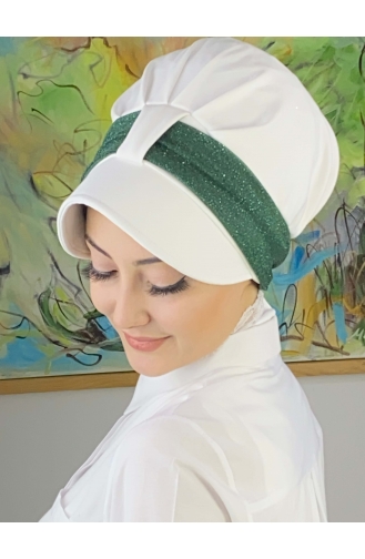 Cırtcırtlı Açık Gri Simli Şifon Fularlı Şapka SBT19FSPK16-05 Beyaz Zümrüt Yeşili