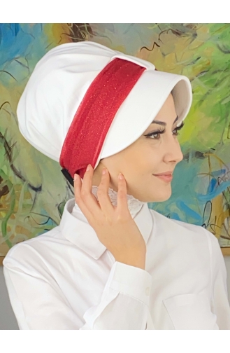 Cırtcırtlı Açık Gri Simli Şifon Fularlı Şapka SBT19FSPK16-08 Beyaz Kırmızı