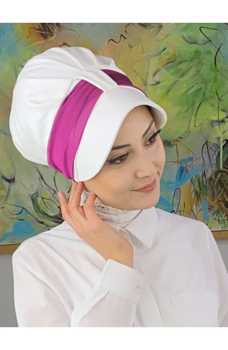 Cırtcırtlı Kırmızı Fransız Şifon Fularlı Şapka SBT19FSPK1-11 Beyaz Fuşya
