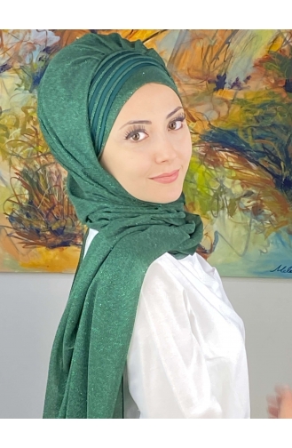 Saray Model Fransız Şifon Drapeli Simli Hazır Şal SBT4YDSAL1-11 Zümrüt Yeşili
