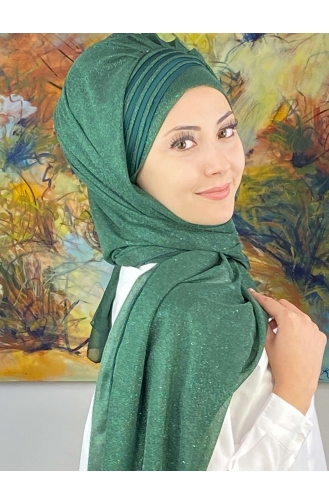 Saray Model Fransız Şifon Drapeli Simli Hazır Şal SBT4YDSAL1-11 Zümrüt Yeşili