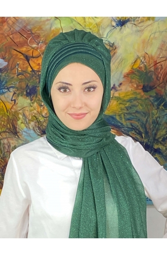 Saray Model Fransız Şifon Drapeli Simli Hazır Şal SBT4YDSAL1-11 Zümrüt Yeşili