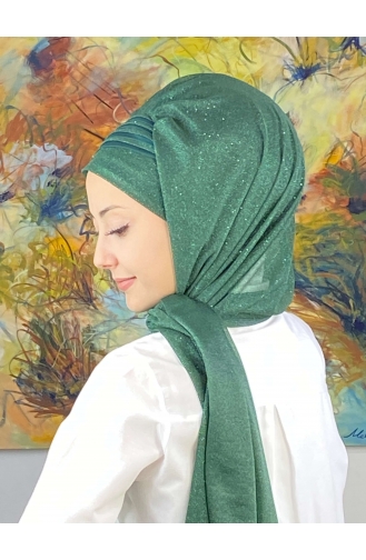 Saray Model Fransız Şifon Drapeli Simli Hazır Şal SBT4YDSAL1-11 Zümrüt Yeşili