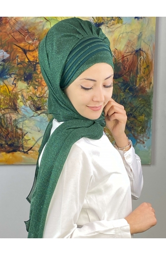 Saray Model Fransız Şifon Drapeli Simli Hazır Şal SBT4YDSAL1-11 Zümrüt Yeşili