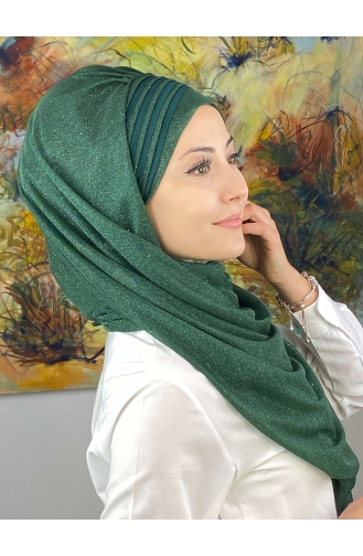 Saray Model Fransız Şifon Drapeli Simli Hazır Şal SBT4YDSAL1-11 Zümrüt Yeşili
