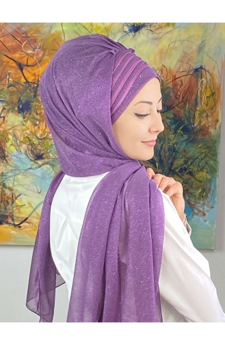 Saray Model Fransız Şifon Drapeli Simli Hazır Şal SBT4YDSAL1-02 Leylak Rengi