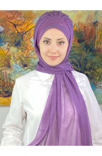 Saray Model Fransız Şifon Drapeli Simli Hazır Şal SBT4YDSAL1-02 Leylak Rengi