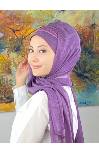 Saray Model Fransız Şifon Drapeli Simli Hazır Şal SBT4YDSAL1-02 Leylak Rengi