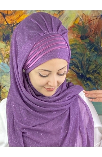 Saray Model Fransız Şifon Drapeli Simli Hazır Şal SBT4YDSAL1-02 Leylak Rengi