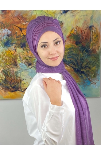 Saray Model Fransız Şifon Drapeli Simli Hazır Şal SBT4YDSAL1-02 Leylak Rengi