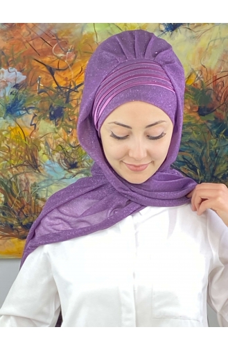 Saray Model Fransız Şifon Drapeli Simli Hazır Şal SBT4YDSAL1-02 Leylak Rengi
