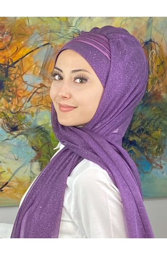 Saray Model Fransız Şifon Drapeli Simli Hazır Şal SBT4YDSAL1-02 Leylak Rengi