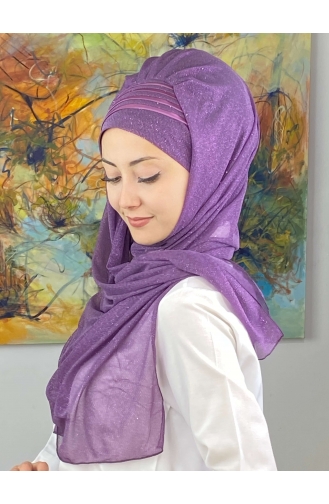 Saray Model Fransız Şifon Drapeli Simli Hazır Şal SBT4YDSAL1-02 Leylak Rengi
